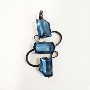 Vintage Artisan Large Marine Blue Prong Set Rhinestone Antiqued Silver Pendant